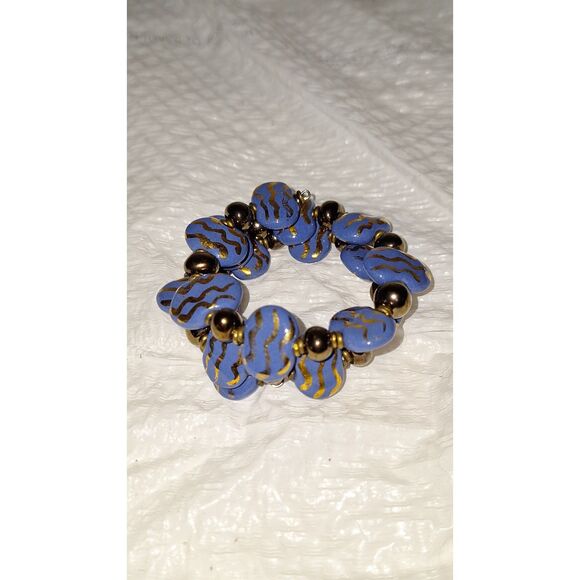 Art Glass Memory Wire Wrap Bracelet Chunky Blue Ceramic And Metal Elegant - Picture 3 of 6